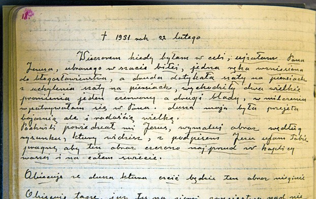Fragment "Dzienniczka" s. Faustyny z 22 lutego 1931 r., w którym jest zapis pierwszych objawień Pana Jezusa Miłosiernego w celi płockiego klasztoru